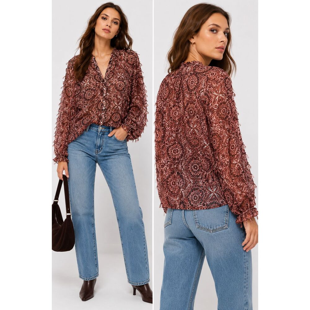Zara Womens Large Boho Sheer Tassel Trim Floral Button Front Blouse Burgundy NWT